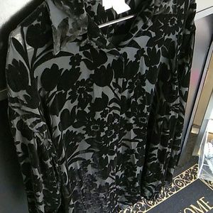 XL LS Black Velvety Floral Button Down Tunic